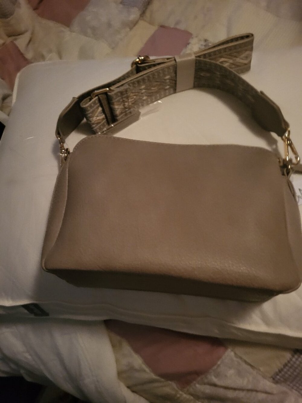 Malibu Skye Neutral Taupe Crossbody Shoulder Bag with Patterned Strap (New)